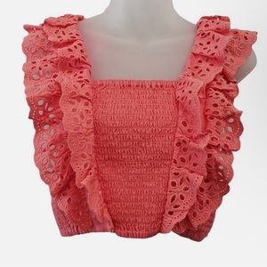 Bcbgmaxazaria linen blend knit top with eyelet ruffle NWOT size medium